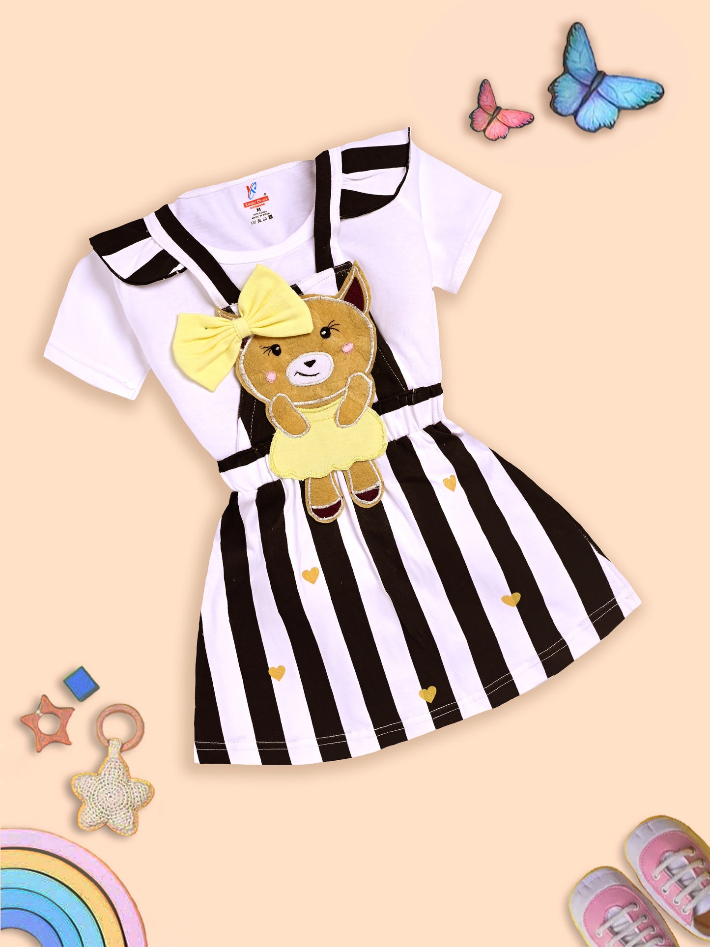 Charming White and Black Striped Dress with Deer Design