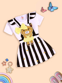 Charming White and Black Striped Dress with Deer Design