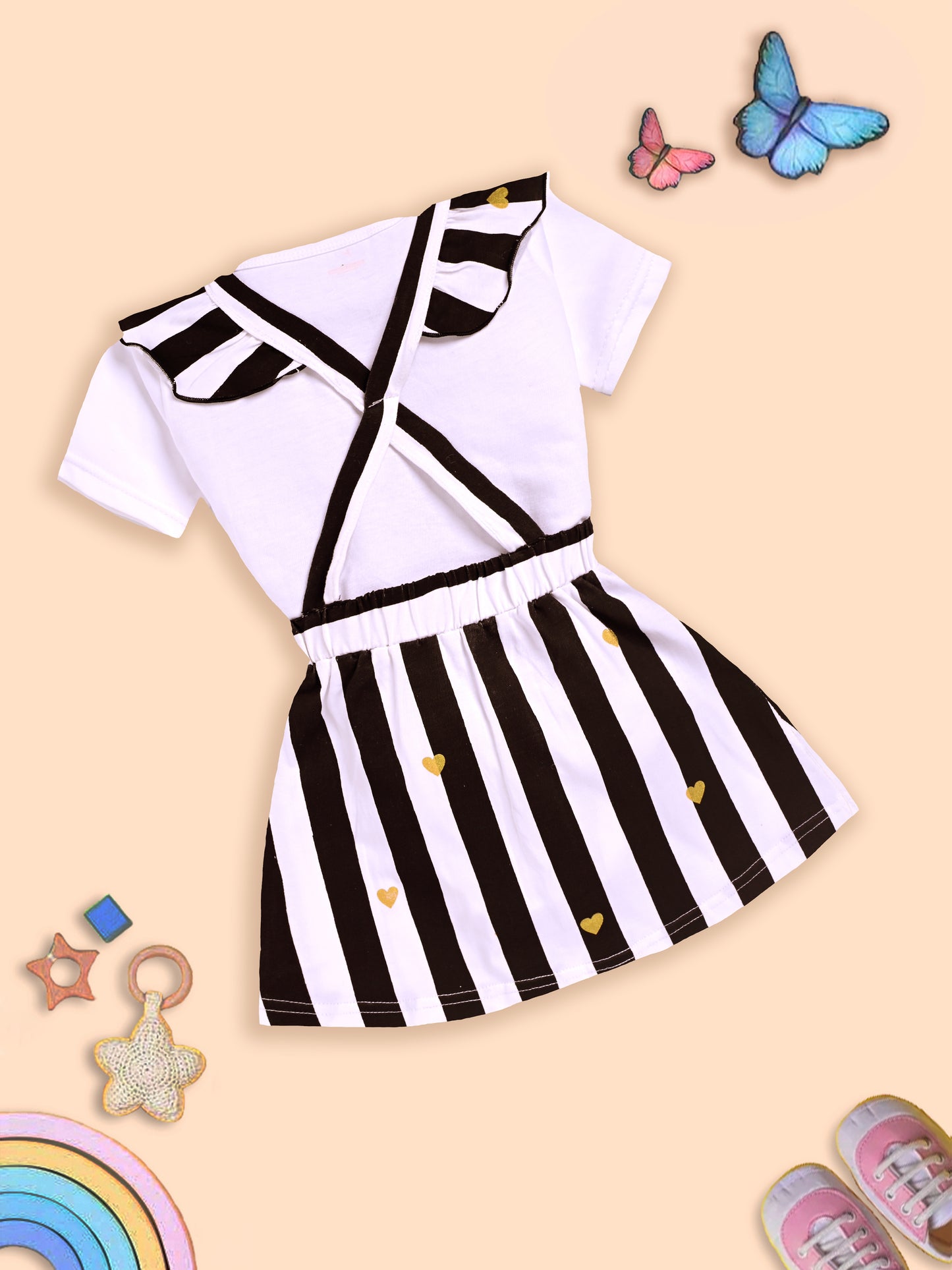 Charming White and Black Striped Dress with Deer Design