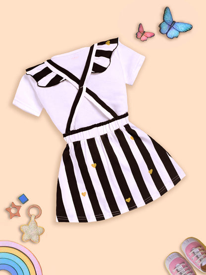 Charming White and Black Striped Dress with Deer Design