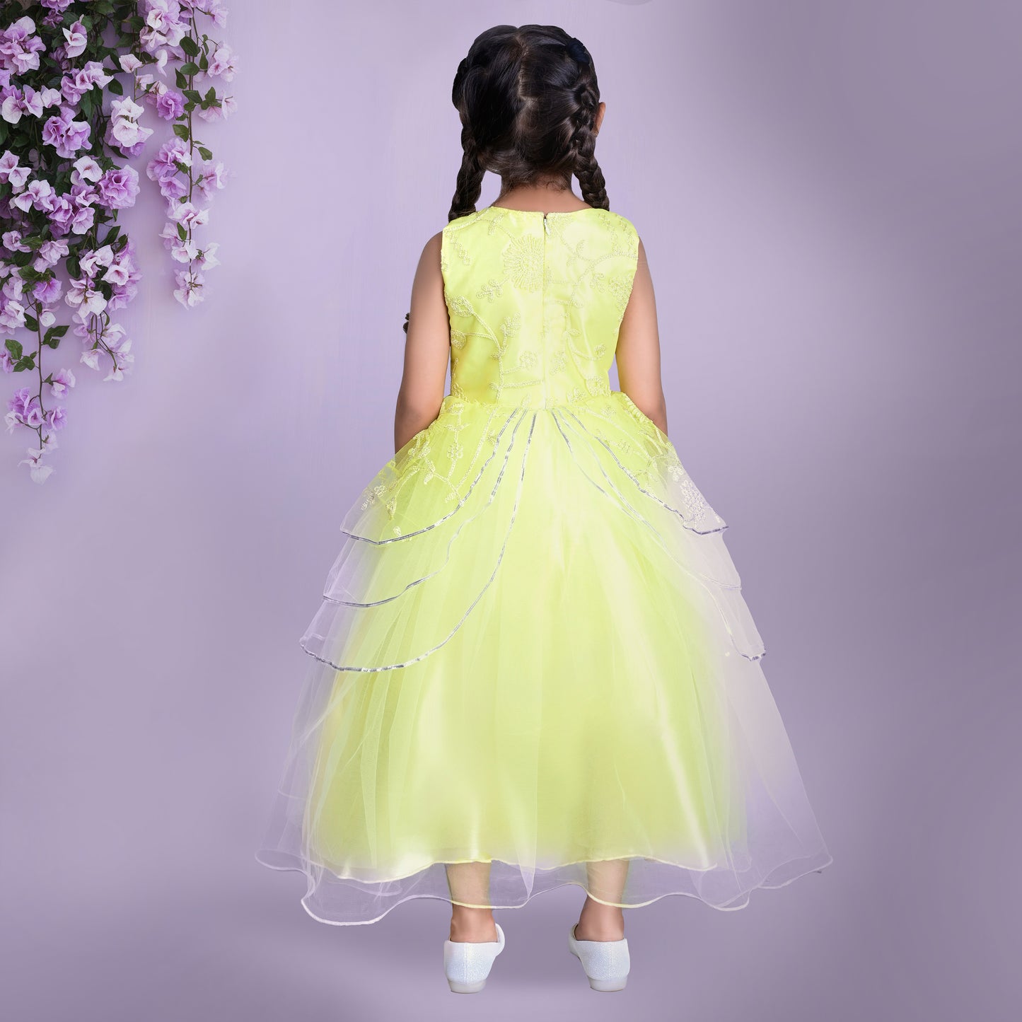 Yellow Embroidered Party Dress with Layered Skirt and Floral Detailing