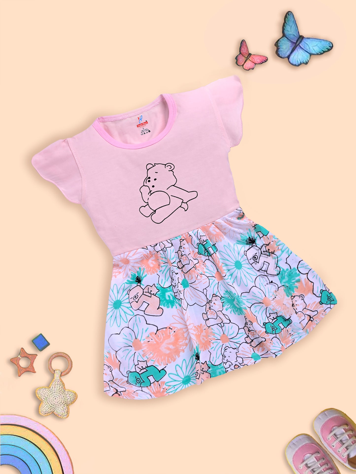 Charming Pink Frock with Teddy Bear and Floral Design