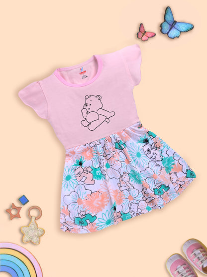 Charming Pink Frock with Teddy Bear and Floral Design