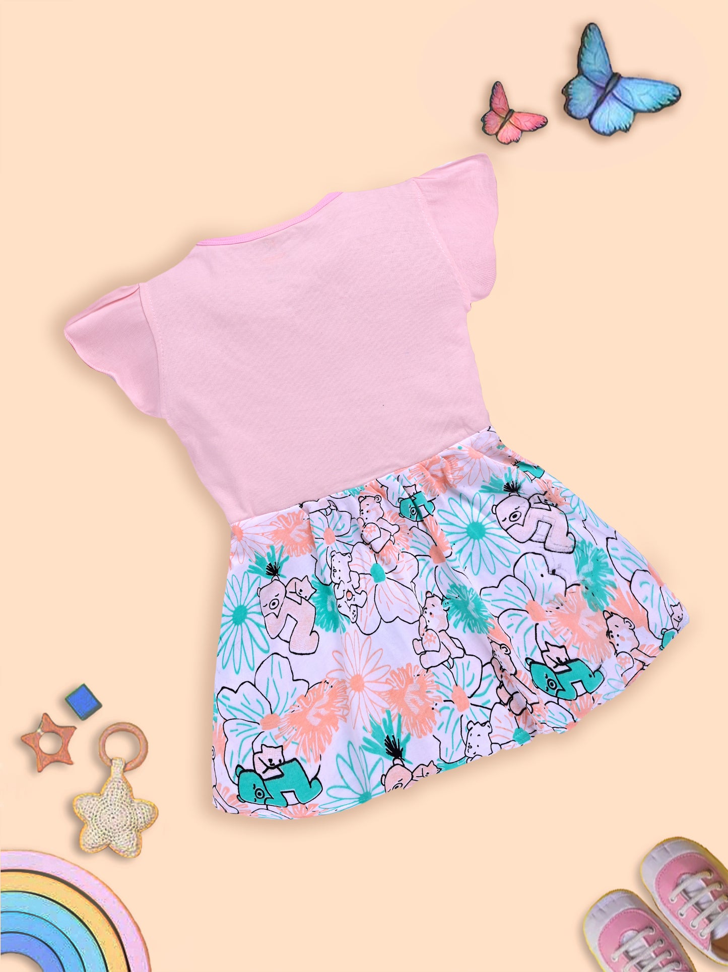 Charming Pink Frock with Teddy Bear and Floral Design