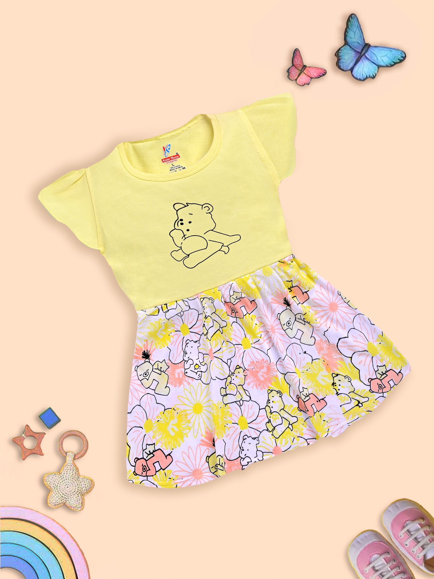Charming Yellow Frock with Teddy Bear and Floral Design