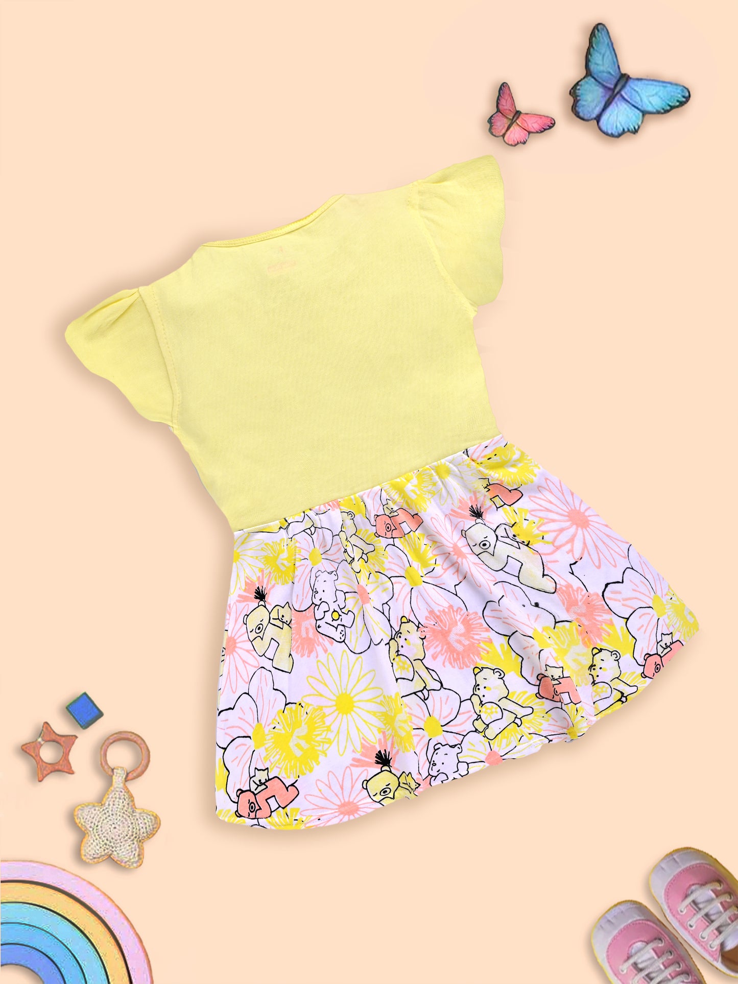 Charming Yellow Frock with Teddy Bear and Floral Design