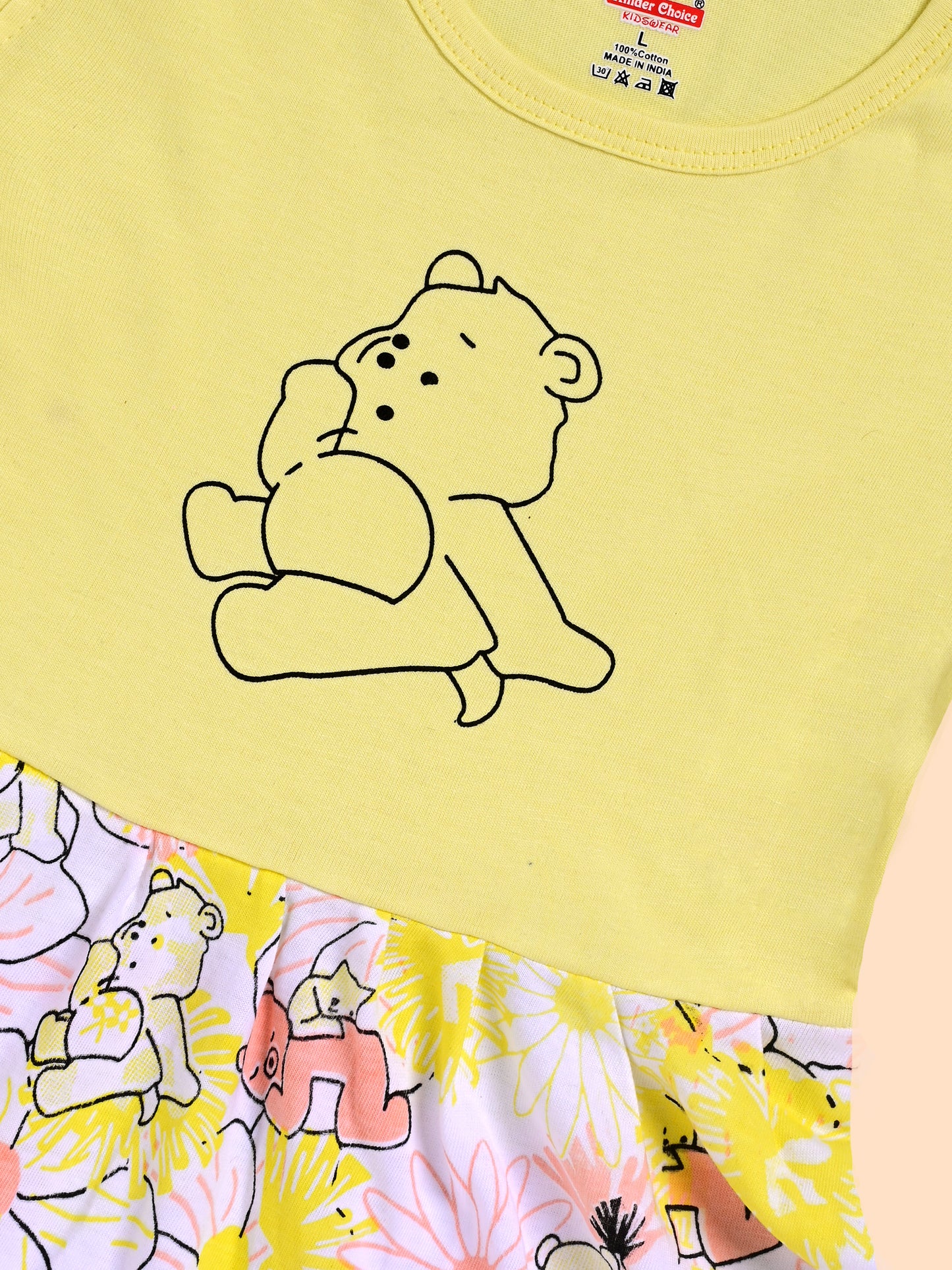 Charming Yellow Frock with Teddy Bear and Floral Design