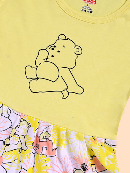 Charming Yellow Frock with Teddy Bear and Floral Design