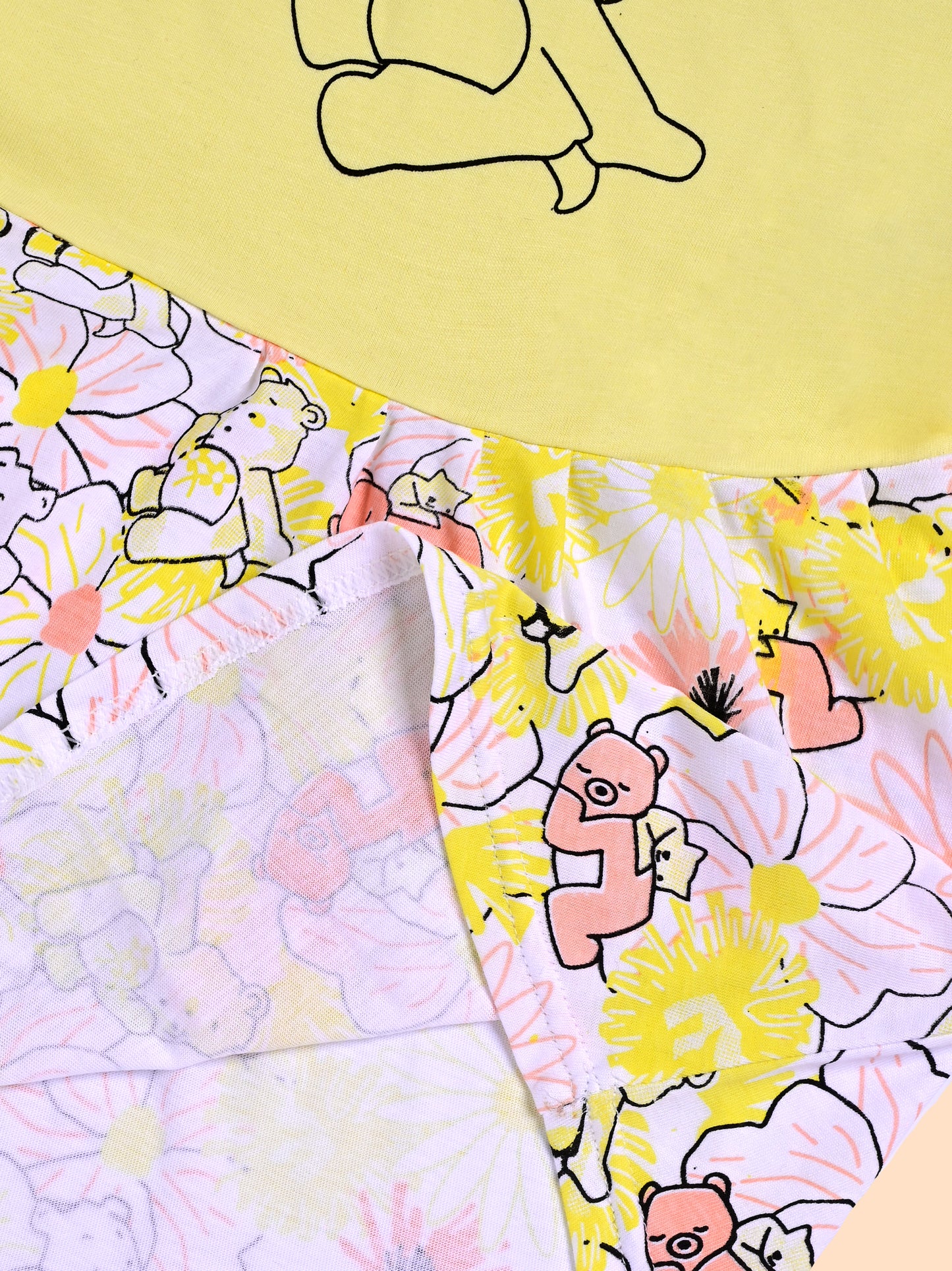 Charming Yellow Frock with Teddy Bear and Floral Design