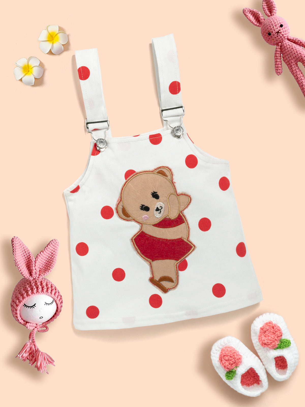 Baby Girl 100% Cotton Ruffle Trim Short-sleeve Romper and Bear Graphic Polka Dots Overall Dress Set Kinder Choice
