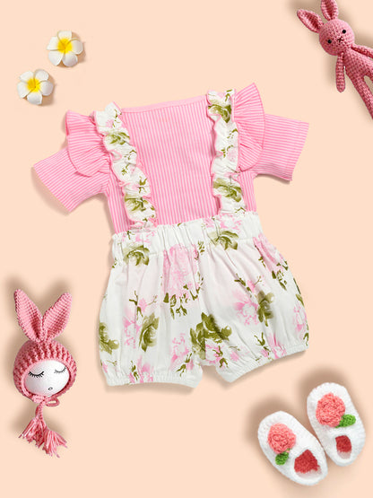 Baby Girl Solid Cotton Ribbed Ruffle Short-sleeve Romper and Floral Print Suspender Short Kinder Choice