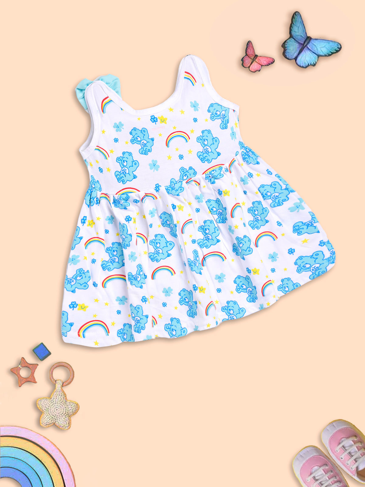 Rainbow Dreams: Blue Bear Print Dress for Kids